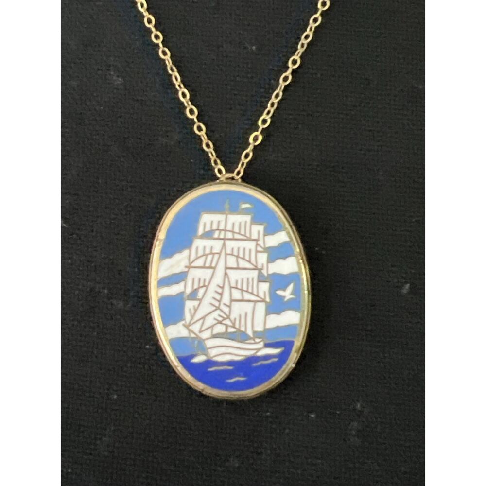 Vintage WRC Cameo Style Sailboat Pendant Gold Tone Necklace Enamel Nautical
